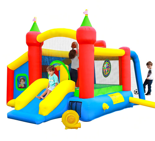 Inflatable Bounce House,Jumping Castle Slide with Blower,Kids Bouncer with Ball Pit | Ball Pit, Basketball Hoop, Soccer Goal, Dart Target, Jumping Castle for Ages 3-10, Backyard Outdoor, 145.5x120x85 Inch