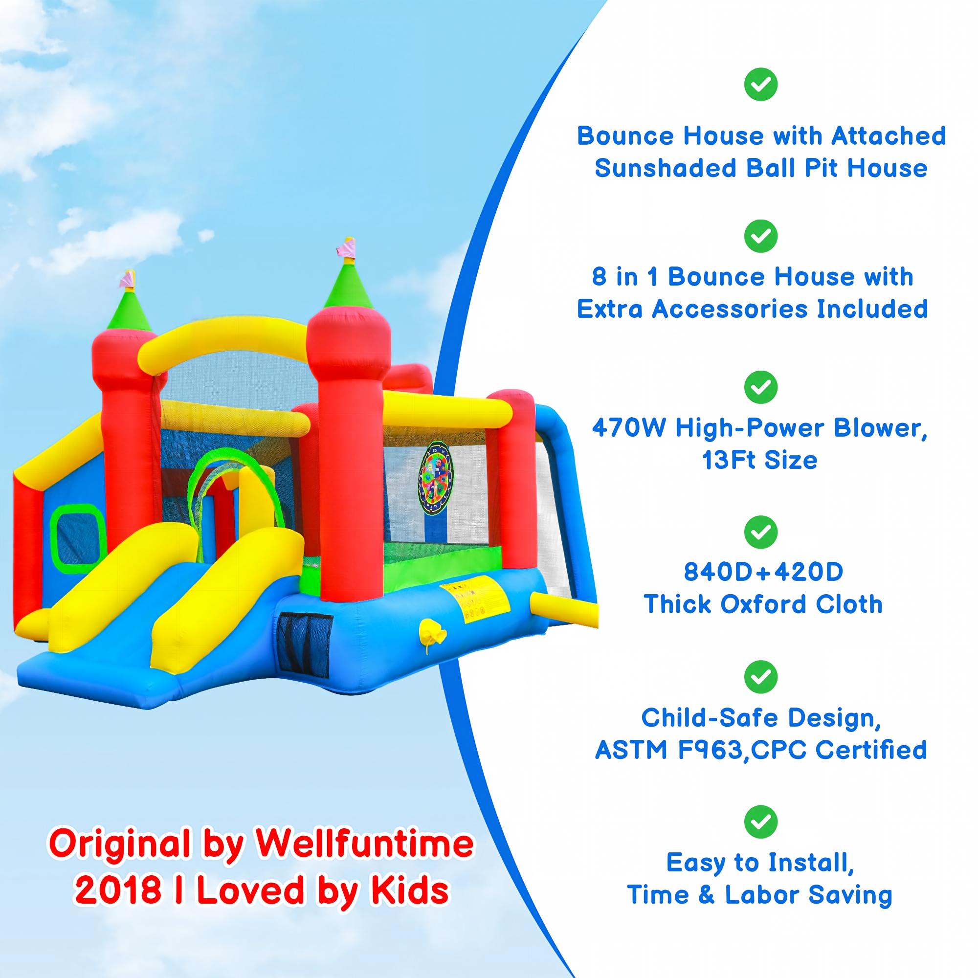 Inflatable Bounce House,Jumping Castle Slide with Blower,Kids Bouncer with Ball Pit | Ball Pit, Basketball Hoop, Soccer Goal, Dart Target, Jumping Castle for Ages 3-10, Backyard Outdoor, 145.5x120x85 Inch
