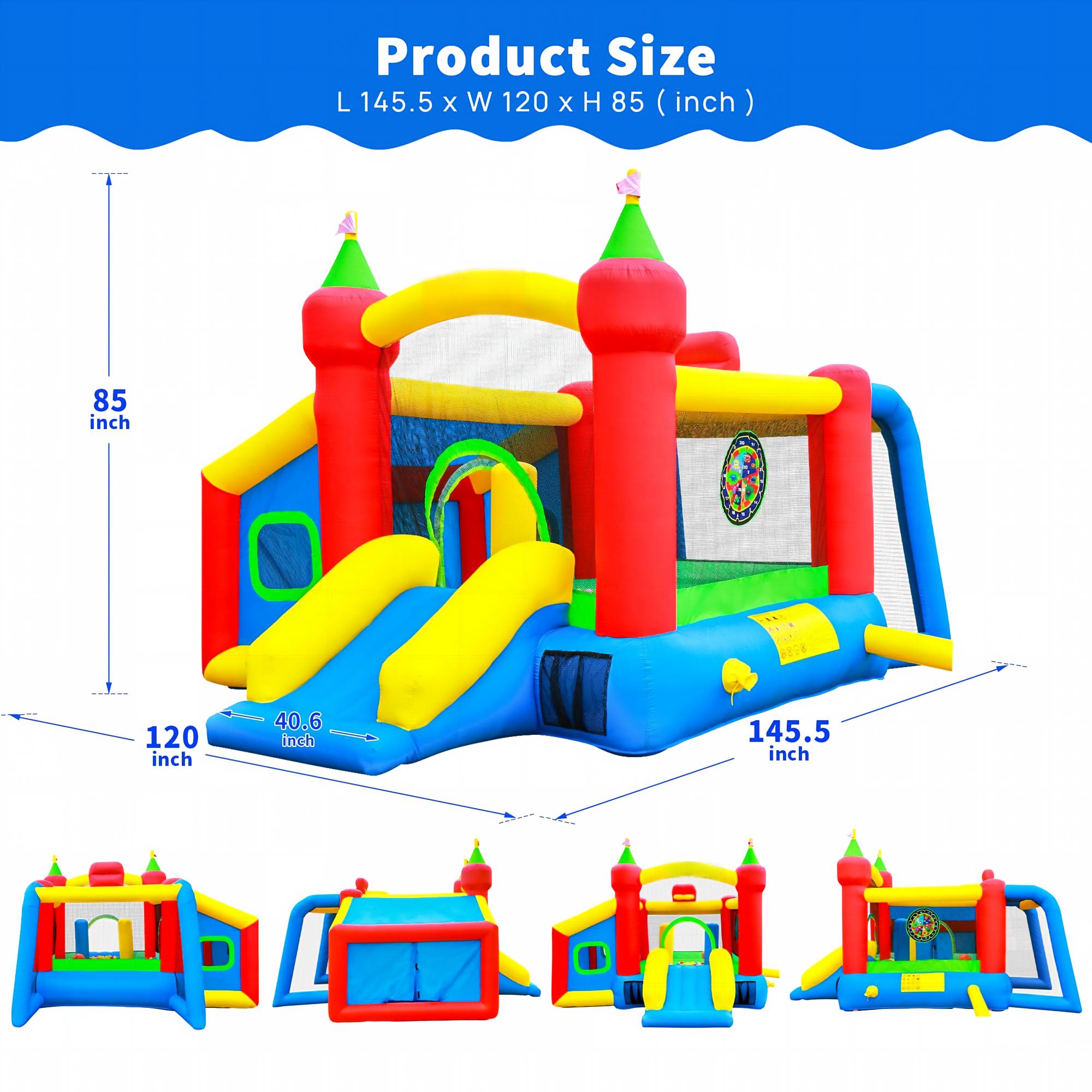 Inflatable Bounce House,Jumping Castle Slide with Blower,Kids Bouncer with Ball Pit | Ball Pit, Basketball Hoop, Soccer Goal, Dart Target, Jumping Castle for Ages 3-10, Backyard Outdoor, 145.5x120x85 Inch