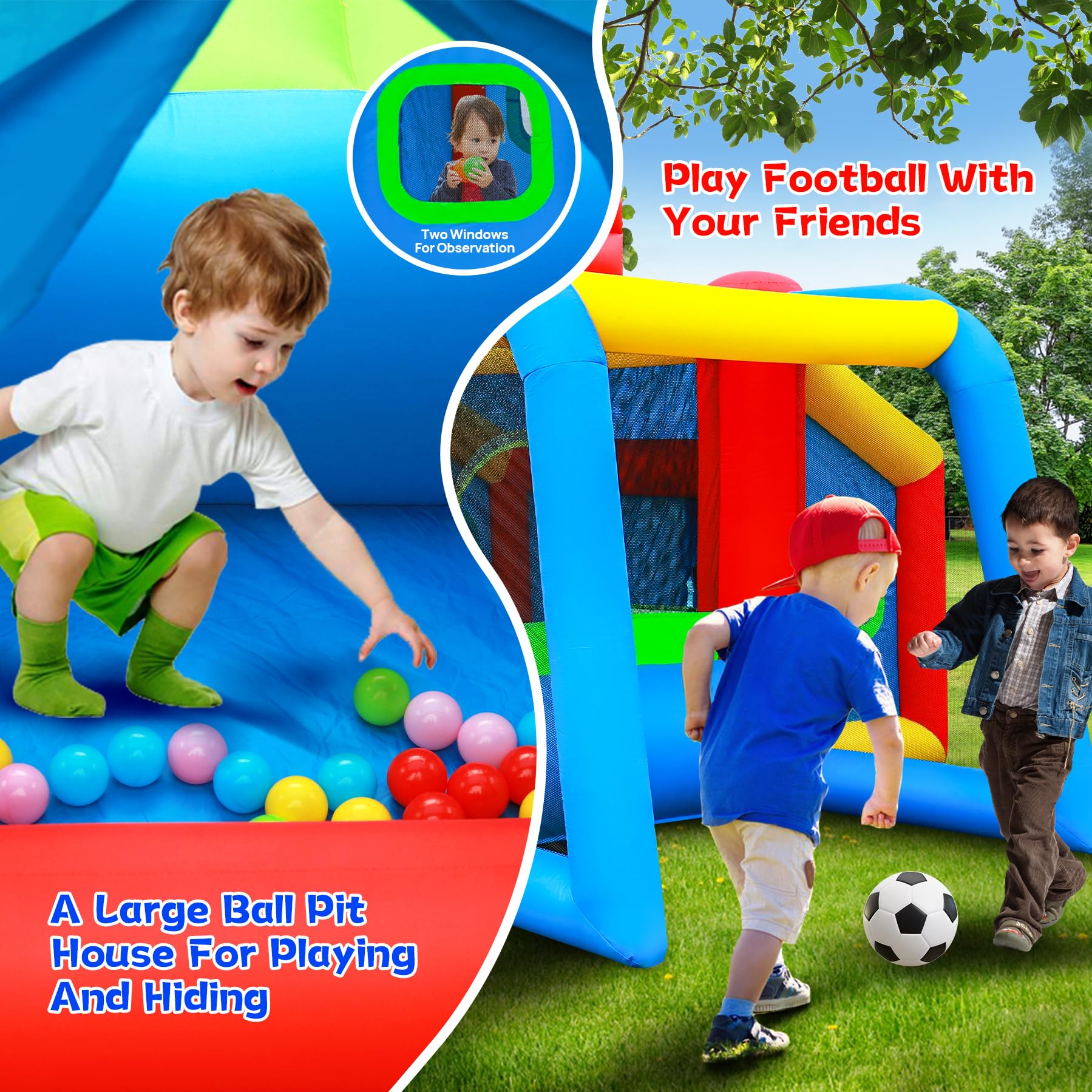 Inflatable Bounce House,Jumping Castle Slide with Blower,Kids Bouncer with Ball Pit | Ball Pit, Basketball Hoop, Soccer Goal, Dart Target, Jumping Castle for Ages 3-10, Backyard Outdoor, 145.5x120x85 Inch