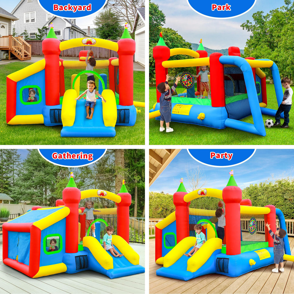 Inflatable Bounce House,Jumping Castle Slide with Blower,Kids Bouncer with Ball Pit | Ball Pit, Basketball Hoop, Soccer Goal, Dart Target, Jumping Castle for Ages 3-10, Backyard Outdoor, 145.5x120x85 Inch
