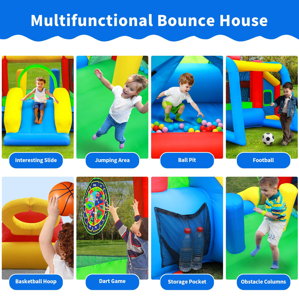 Inflatable Bounce House,Jumping Castle Slide with Blower,Kids Bouncer with Ball Pit | Ball Pit, Basketball Hoop, Soccer Goal, Dart Target, Jumping Castle for Ages 3-10, Backyard Outdoor, 145.5x120x85 Inch
