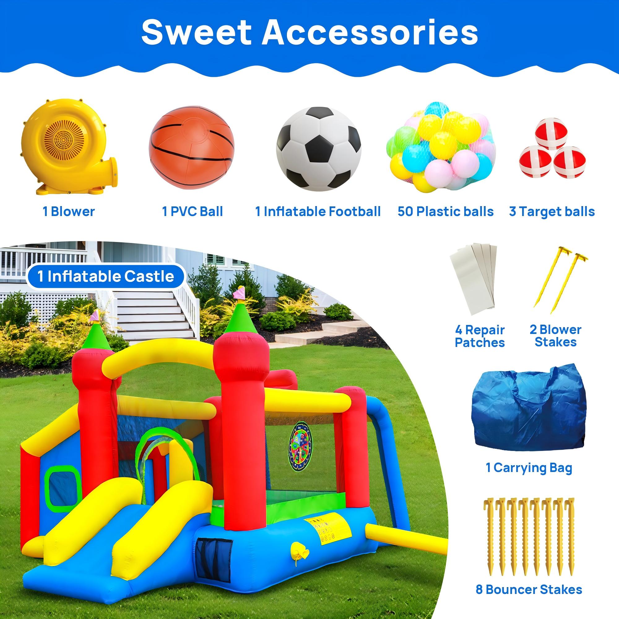 Inflatable Bounce House,Jumping Castle Slide with Blower,Kids Bouncer with Ball Pit | Ball Pit, Basketball Hoop, Soccer Goal, Dart Target, Jumping Castle for Ages 3-10, Backyard Outdoor, 145.5x120x85 Inch