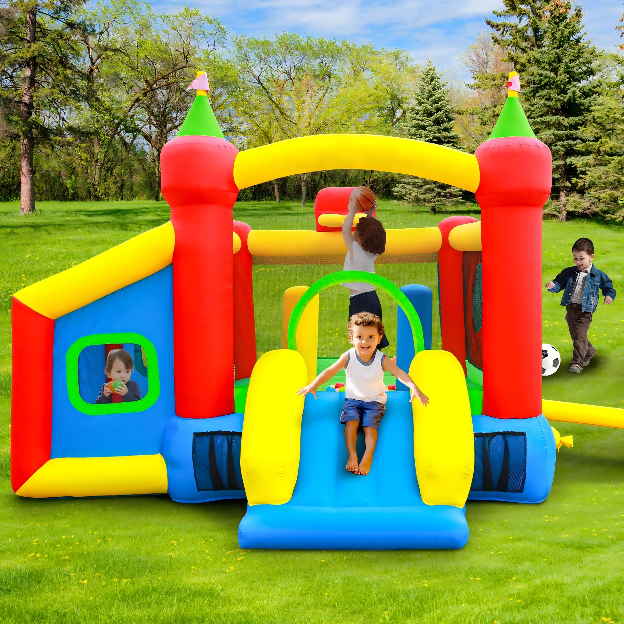 Inflatable Bounce House,Jumping Castle Slide with Blower,Kids Bouncer with Ball Pit | Ball Pit, Basketball Hoop, Soccer Goal, Dart Target, Jumping Castle for Ages 3-10, Backyard Outdoor, 145.5x120x85 Inch